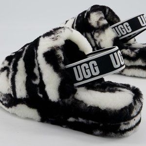 UGG Womens Oh Yeah Black & White Marble Fur Slippers Size 6